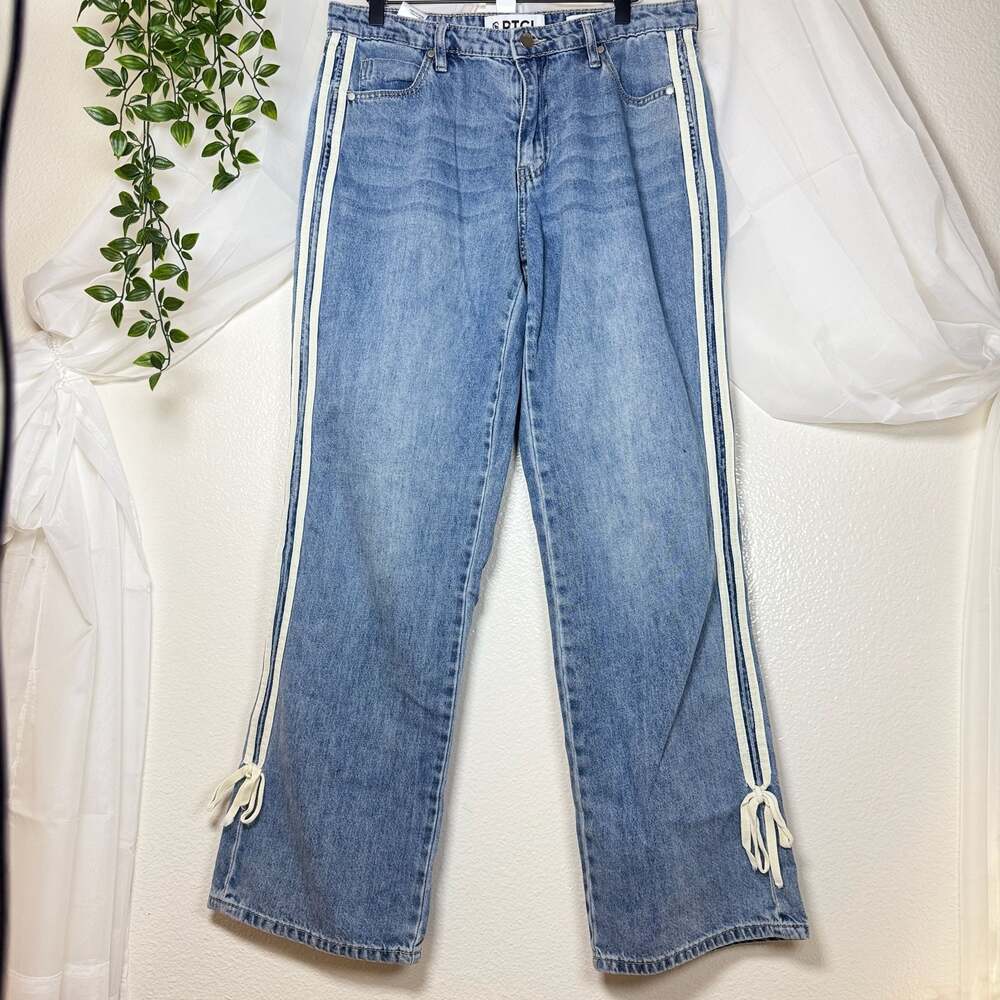 PTCL Ethikal Brand Medium Wash Wide-Leg Jeans with Side Stripes Tie-Hem Detail